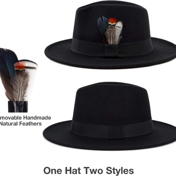 Classic Fedora Hats for Men & Women Wide Brim Felt Hat Panama Dress Fedora Hat - Picture 2 of 7